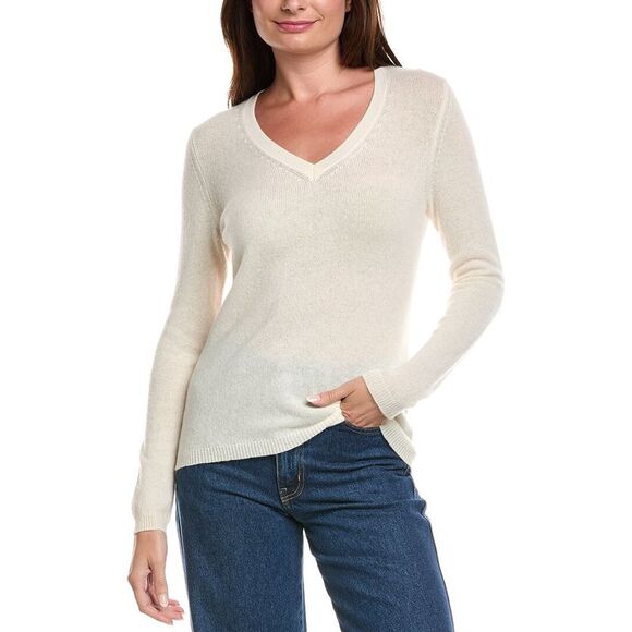 Forte Cashmere Sweaters - Forte Cashmere Womens  V-Neck Cashmere Sweater, White